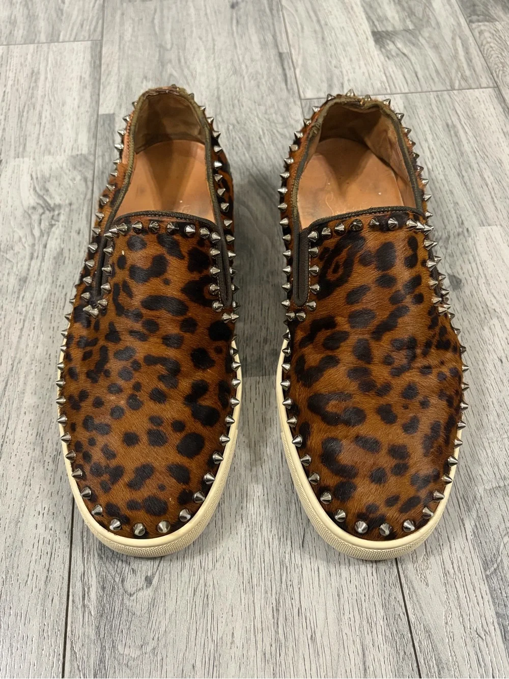 Christian Louboutin Pik Boat Brown Leopard Slip-On Studded Loafers Calf Hair